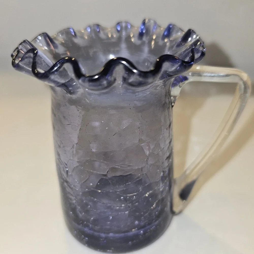 Vintage Purple Crackle Glass Pitcher‎ Ruffled Rim Clear Applied Handle 4 Inch